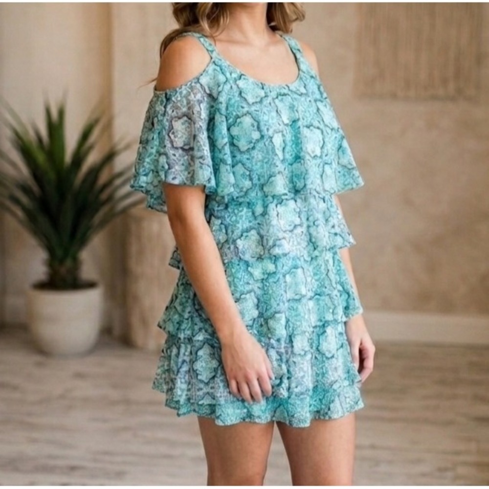 Robbie Bee Aqua Blue Paisley Tiered Cold Shoulder Chiffon Dress Womens Size 12